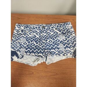 Rue 21 Cutoff Denim Shorts. Blue and white Print, Lace Insets, Distressed. Sz 11